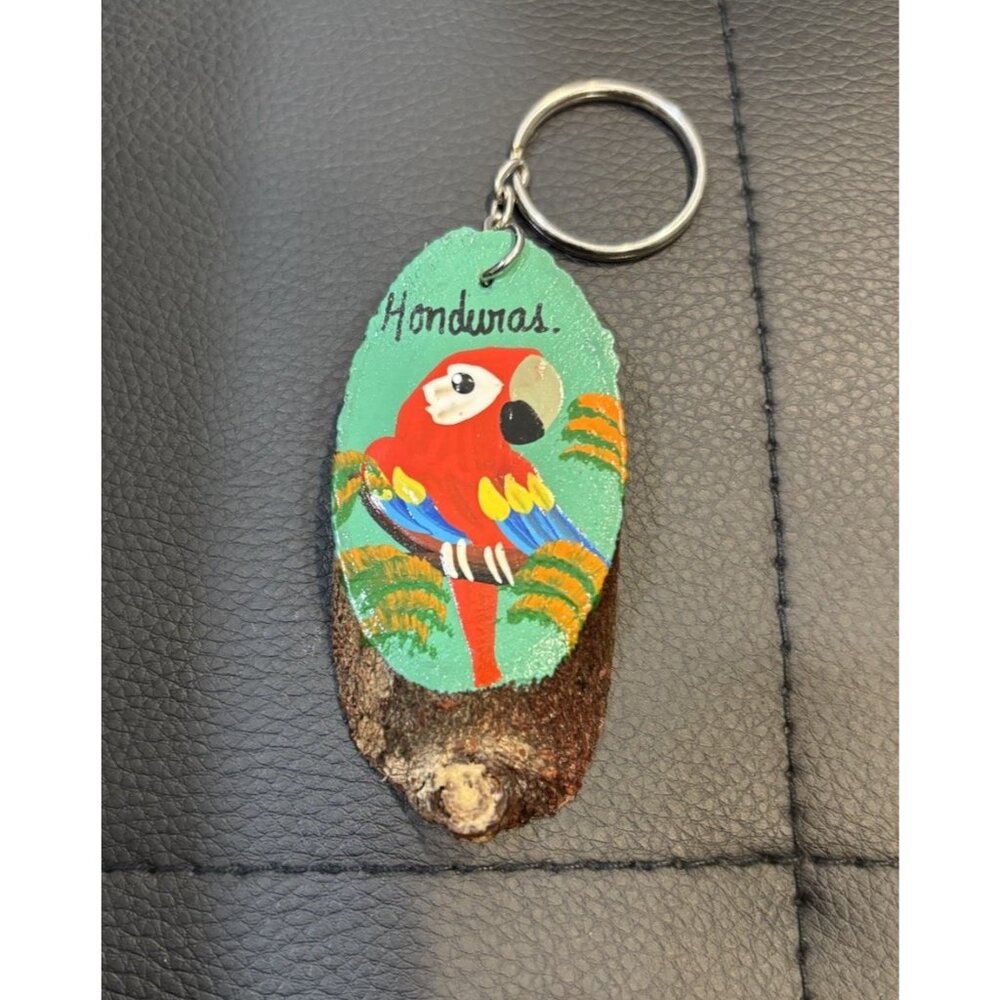 Honduras Red Parrot Painted Wooden Keychain